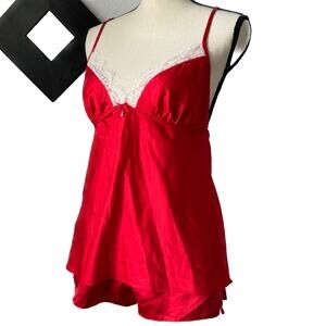 NWOT Womens Red Satin Lace Camisole Top & Bottom Lingerie Set V-Neck Size Small